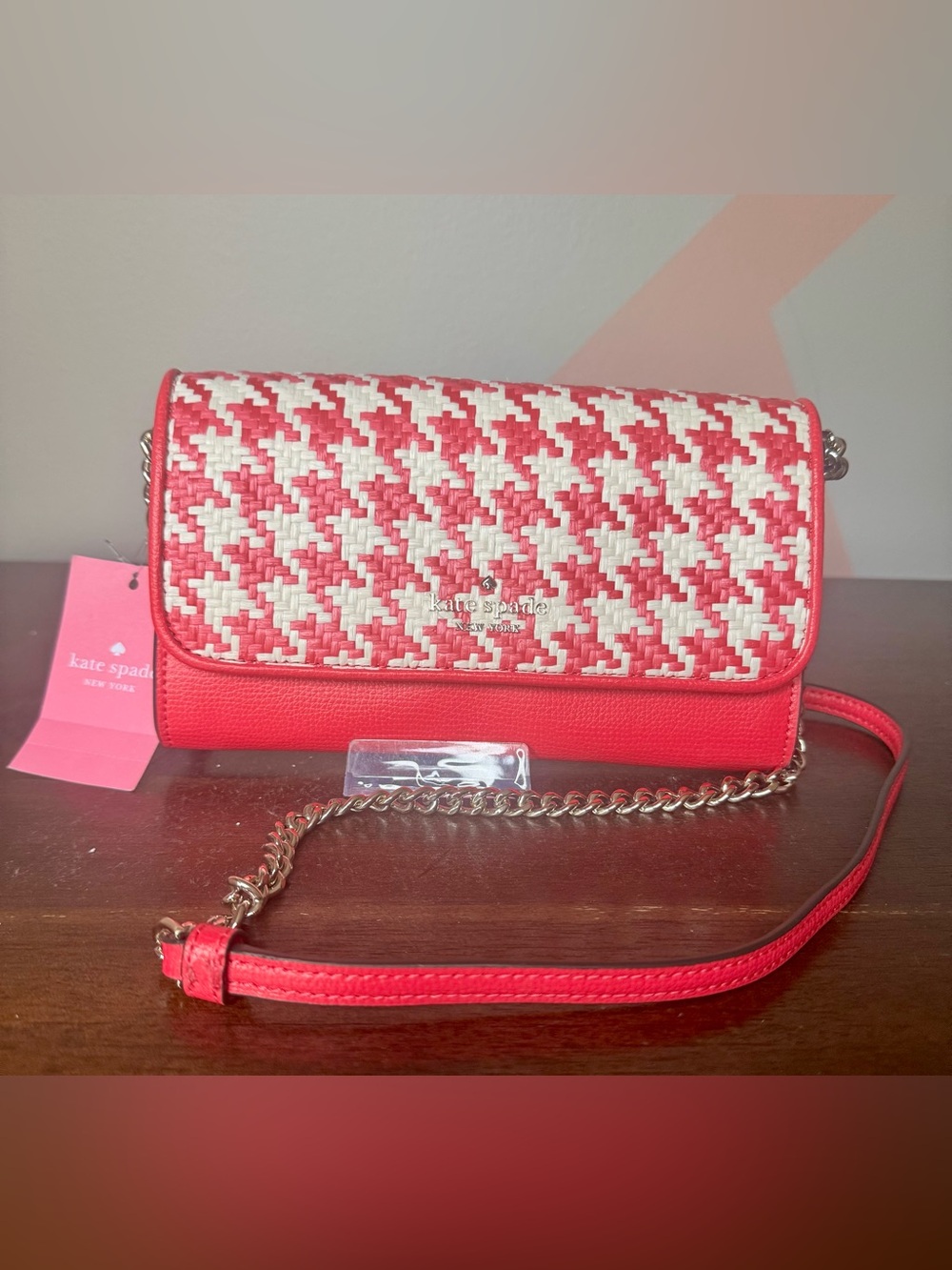 kate spade Pink & White Woven Crossbody Wallet with Gold Chain